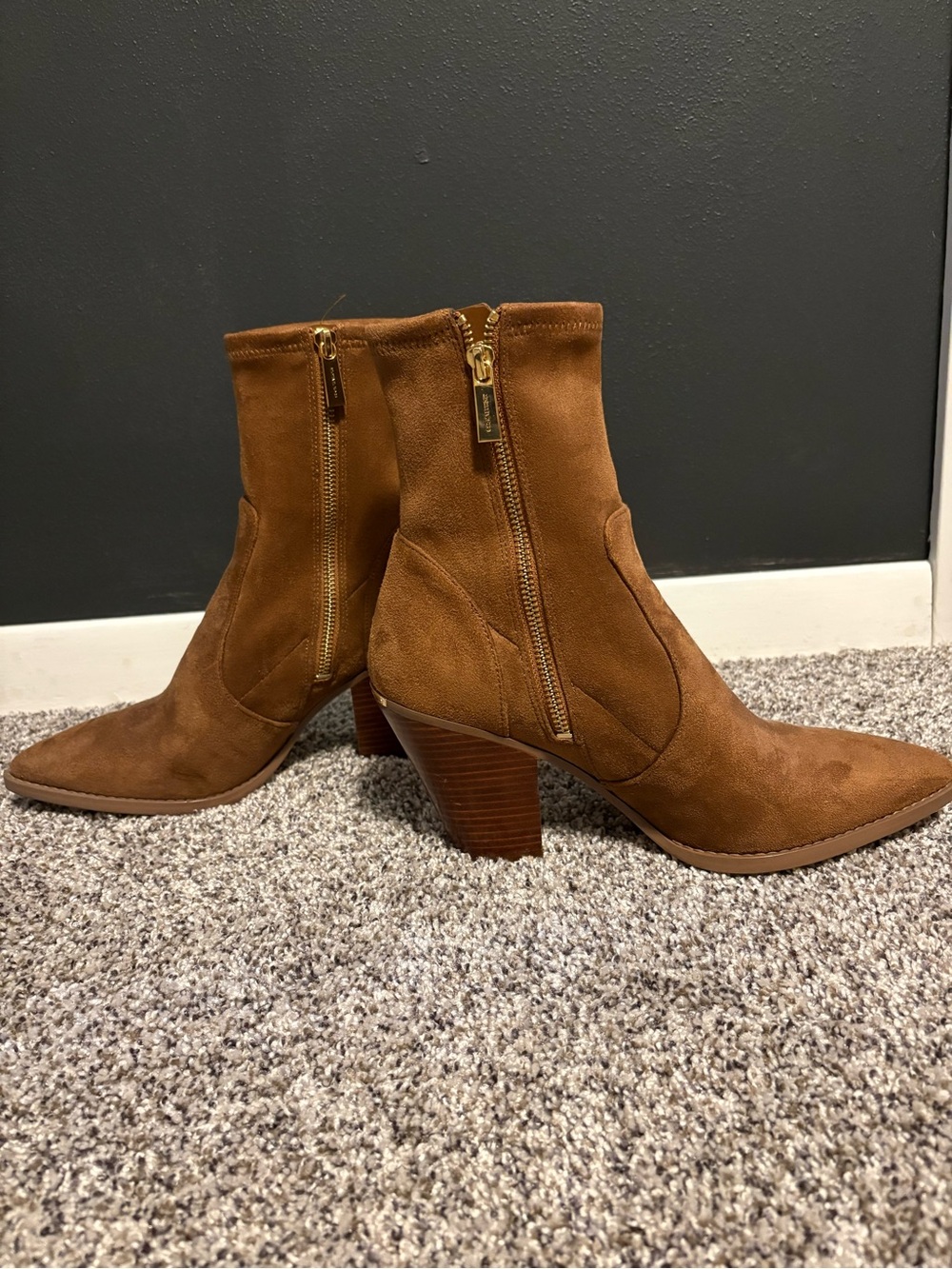 Michael Kors Tan Suede Pointed Ankle Booties with Stacked Heel